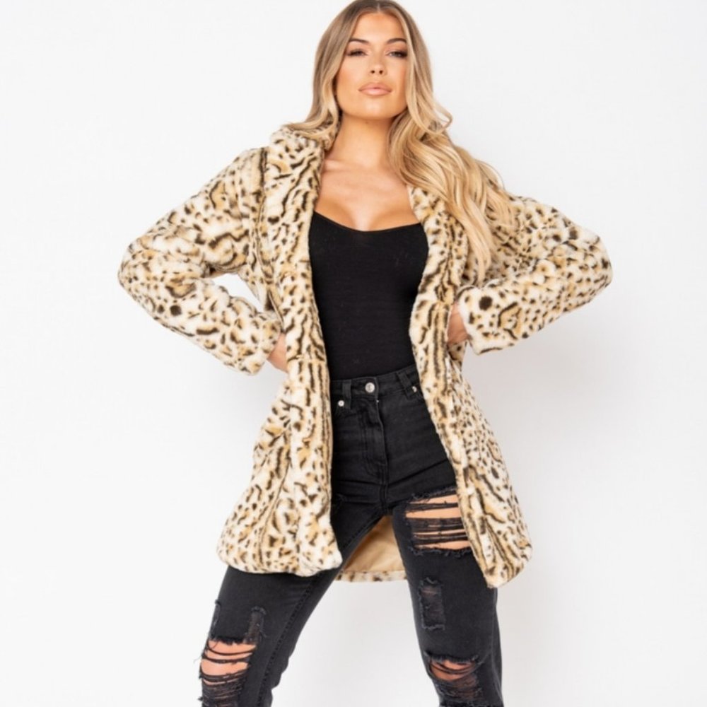 1 DAY SALE! Leopard Print Long Sleeve Faux Fur Coat Jacket - Picture 4 of 9